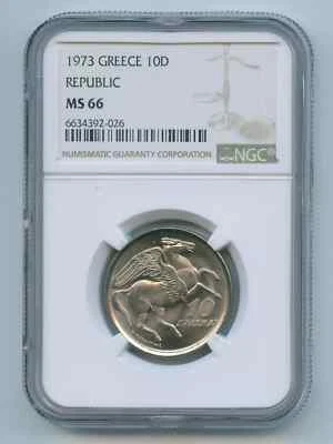 GREECE 1973 Ten 10 Drachmai - KM# 110 - NGC MS 66 - Image 1 of 2