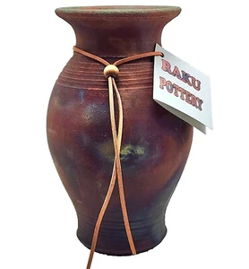 Raku Pottery Vase Urn Signed New Matte Finish Copper Blue Green 9" Tall - Picture 1 of 12