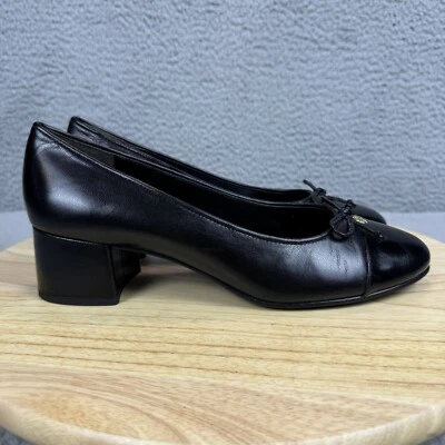 Elegante tacón Tory Burch puntera talla 9 M negro lazo 45 mm charol Foto 1 de 4
