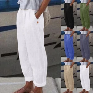 Plus Size Ladies Cotton Linen Casual Long Pants Womens Solid Straight Trousers - Picture 1 of 46