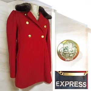Express Jacket Coat Womens Sp Red Double Breasted Gold Button Fleece - Picture 1 of 9