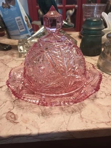 Viking Dalzell Glass Domed Hobstar Rose Pink Butter Cheese Dish Yesteryear Fancy - Picture 1 of 8