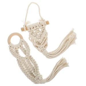 Macramé cuerda de algodón bohemio colgador de plantas madera maceta interior colgante 2 piezas - Imagen 1 de 12
