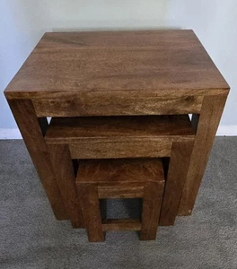 Elm Home and Garden Dark Solid Mango Wood Nest of Three Lamp Table - Picture 1 of 19