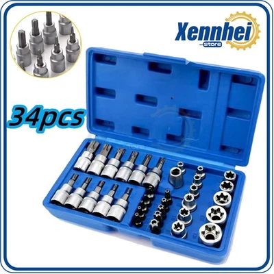 34Pcs Drive Male Female Torx Star Bit Socket E-socket Set Handheld Tool Case US - Image 1 of 4