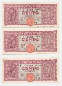 3 aufeinanderfolgende WWII Banca D'italia 100 Lire Banknote ~ Präfix Z-117 - Bild 1 von 8