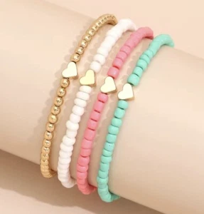 Women Heart Bracelet 4pc Set Elastic Beaded Stackable Jewelry - Picture 1 of 6