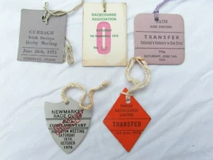 FIVE RACECOURSE CARDBOARD TICKET TAGS Curragh 1971 Bath 1975 Thirsk Newmarket - Picture 1 of 4