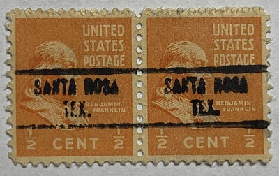 BOLD AND BROKEN PRECANCEL ERROR SANTA ROSA TEXAS ON 1/2C US STAMP PAIR - Image 1 of 3