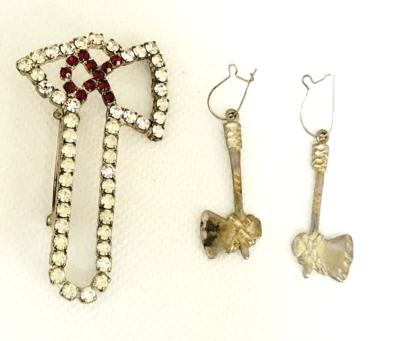 Vintage Atlanta Braves Tomahawk Earrings Rhinestone Brooch Pin 925 Sterling Silv - Image 1 of 4