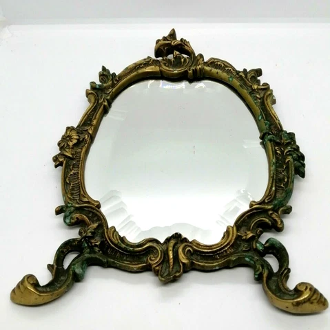 Old French Brass/Bronze Victorian Ornate Table Beveled 11" Mirror Desk glass Cover