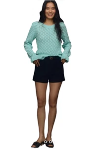 NWT ANTHROPOLOGIE Womens Turquoise Flounce Hem Pointelle Sweater Size M Beachy - Picture 1 of 7
