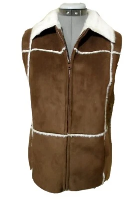 RELATIVITY Sueded Furry Vest S Brown White Zip Up Baffled western Winter Warm! - Image 1 of 4