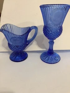 AVON BLUE GEORGE WASHINGTON MT VERNON GOBLET AND 1 PITCHER Creamer Fostoria - Picture 1 of 8