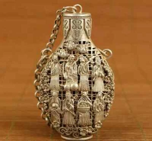 Antiguo Tíbet chino plata hueco tallado 8 inmortales botella tabaco netsuke caja - Imagen 1 de 10