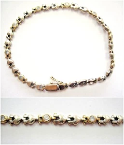 Beautiful Real 14K Yellow White Gold BRACELET 7.8" w/ Hearts & clear stones - Picture 1 of 10