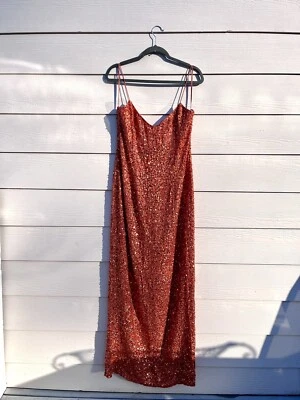 Maxi Vestido Ajustado Sin Mangas Vintage Años 90 Cache Naranja Lentejuelas Talla 12 Foto 1 de 2