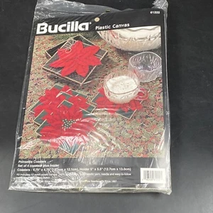 Vintage 90s Bucilla Plastic Canvas Poinsetta Coasters Christmas Stitching Craft - Picture 1 of 5
