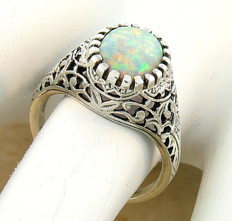 VICTORIAN ANTIQUE STYLE 925 SOLID STERLING SILVER LAB OPAL FILIGREE RING    629Z - Image 1 of 4