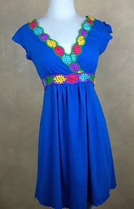 Jimmy’s Surf Co. Boho Blue Dress w Crochet Yarn Flower Trim Size S - Picture 1 of 8