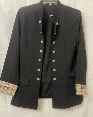女式黑色衬里开襟银色纽扣西装外套格子袖口中号 — 第 1/4 张图片