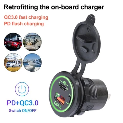 18W QC 3.0 USB + PD Type-C Fast Car Charger Socket Adapter Power Outlet 12V 24V - Image 1 of 4