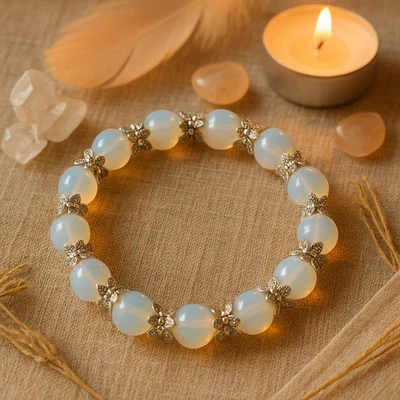 Pulsera Elástica Opalita Piedra Lunar Plata 10mm Piedras Preciosas Cristal Elástico Boho Foto 1 de 4