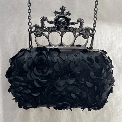 Kate Landry Black Evening Clutch Purse Skull Knuckle Duster Handle Floral Body - Image 1 of 4