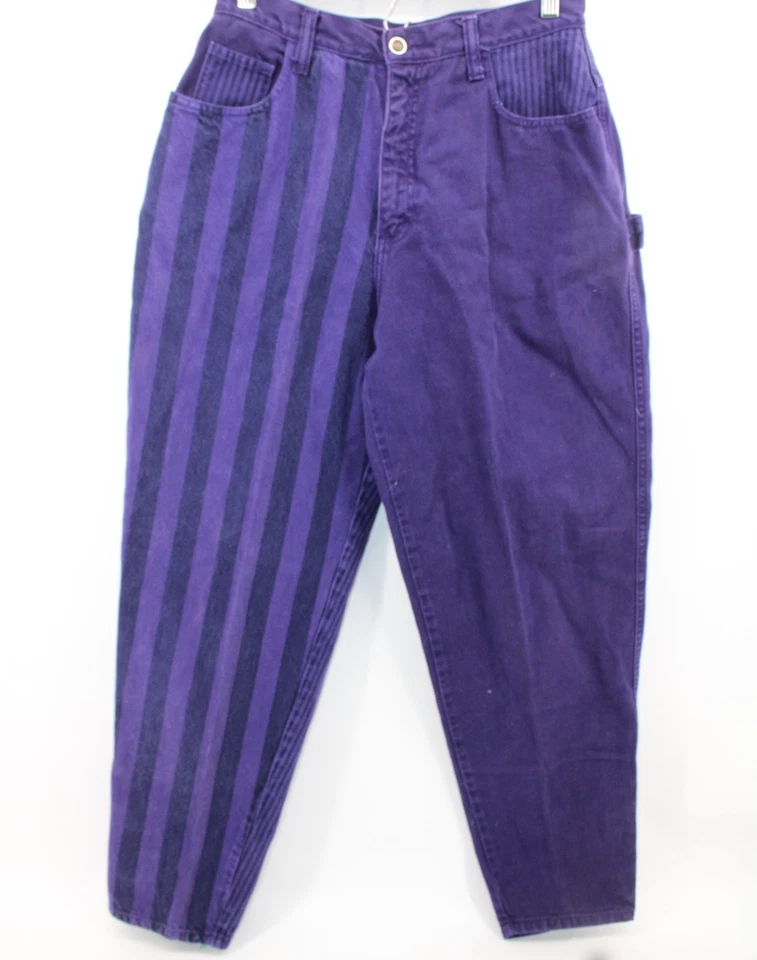 Jeans feminino Zena Color Block listrado roxo jeans carpinteiro cintura alta tamanho 13 - Imagem 1 de 4