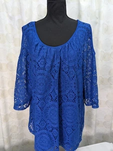 Roz & Ali Women's 2X Lace Overlay Tunic Top Blouse 3/4 Cold Shoulder Sleeve - Picture 1 of 11