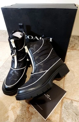 Coach | Women's 5 B Leona CC Monogram Black Leather Nylon Lug Zip Boots NIB NEW - Image 1 of 4