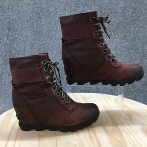 Sorel Boots Womens 9 Lexie Wedge Heels Lace Up Ankle Bootie Brown Leather Casual - Picture 1 of 17