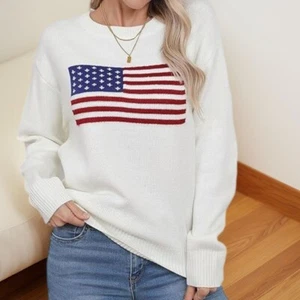 Vince Camuto Womens American Flag Crewneck Long Sleeves Sweater White Size L NWT - Picture 1 of 4