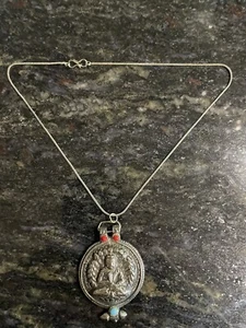 16” HANDMADE SILVER METAL BUDDHA PENDANT WITH RED AND BLUE STONES - Picture 1 of 4