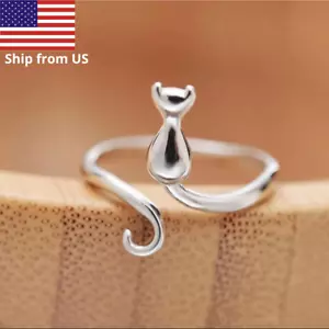 925 Sterling Silver Cute Cat Kitty Adjustable Ring Womens Girls Jewellery Gift - Picture 1 of 5