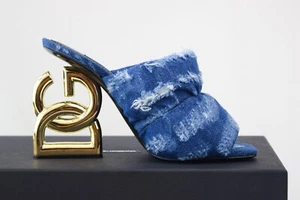 DOLCE & GABBANA Blue Denim Mule Sandals 38 8 Gold DG Logo-Heel Slide Baroque - Picture 1 of 8