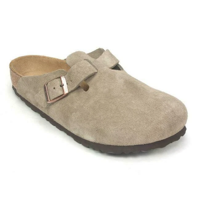 Birkenstock Boston Suede Clogs Womens Taupe Normal Soft Footbed Sandals