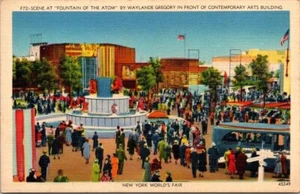 Postal de lino de la Feria Mundial de Nueva York 1939 con fuente del átomo Gregory - Imagen 1 de 2