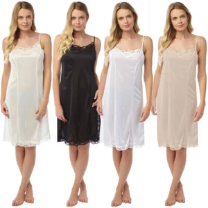 Ladies Full Slip With Lace Spaghetti Straps Black White Cream Chemise Nightdress - Picture 1 of 9