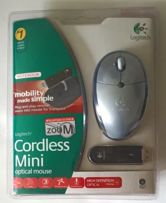 LOGITECH CORDLESS MINI OPTICAL MOUSE-  NOTEBOOK -SILVER - BRAND NEW IN PACKAGE - Image 1 of 2