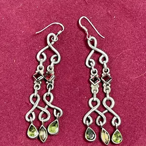 Vintage Silver Earrings Gemstones Dangle Tiers Mid Century Chandelier 2.5" Long - Picture 1 of 13