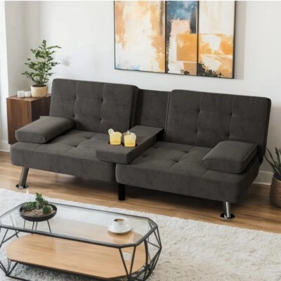 Modern Linen Upholstered Convertible Folding Futon Sofa Bed - Image 1 of 4