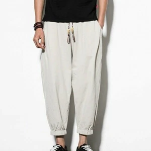 Men Cropped Trousers Cotton Shorts Harem Pants Loose Ankle Length Baggy Chinese - Picture 1 of 15