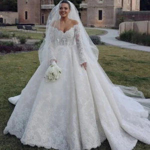 Lace Appliques Ball Gown Wedding Dresses  Off The Shoulder V-neck Bridal Gowns - Picture 1 of 9