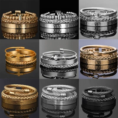 3Pcs Stainless Steel Bracelets Set Luxury Gold Roman Numeral Bangle Jewelry Gift - Image 1 of 4