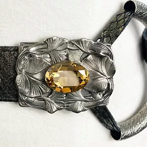 Metallic Statement Belt Artsy Floral Pewter Buckle Beaded Rhinestone Boho Size L - Picture 1 of 12