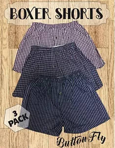 Boxer Shorts Underwear Briefs 3 Pack Plaid Cotton Mens Women Button Fly Premium - Picture 1 of 4