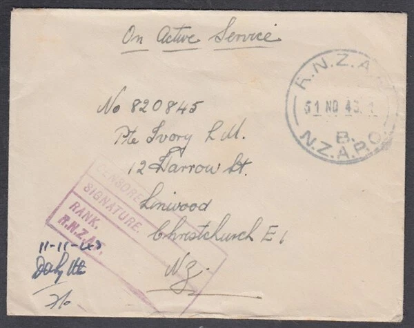 NUEVA ZELANDA 1943 RNZAF/B/NZAPO SEGUNDA GUERRA MUNDIAL CUBIERTA CENSOR OEA (ID:026/D65709) Foto 1 de 1