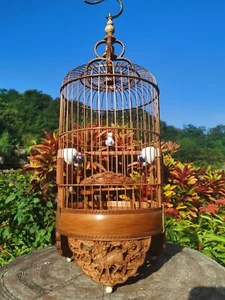 Chinese Carving Oriental Round Shape Bamboo Wood Birdcage Display 22cm - Picture 1 of 5