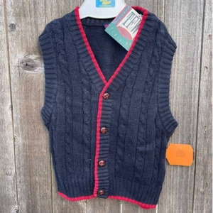 Vintage TFW Sweater Vest Kids Size 4 XS Cable Knit Sleeveless Navy Blue And Red - Picture 1 of 4
